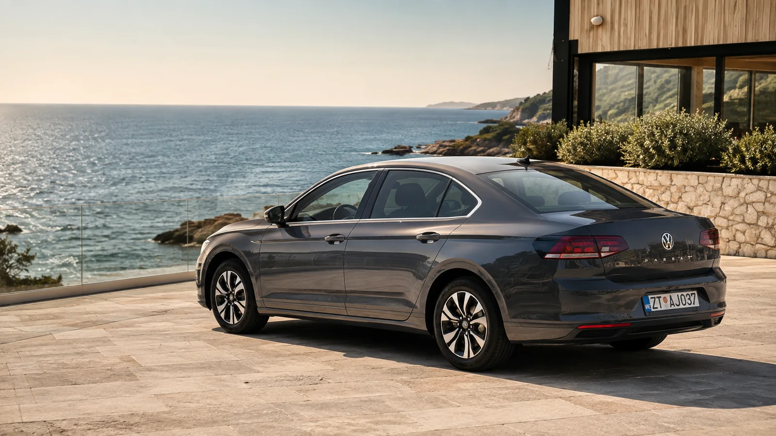 Volkswagen Passat transfer car on a terrace above the Adriatic sea